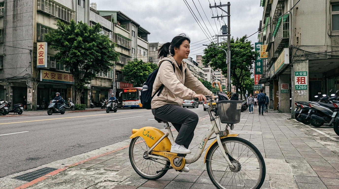 Sinh viên đạp xe YouBike dọc theo con phố đời thường tại Đài Bắc