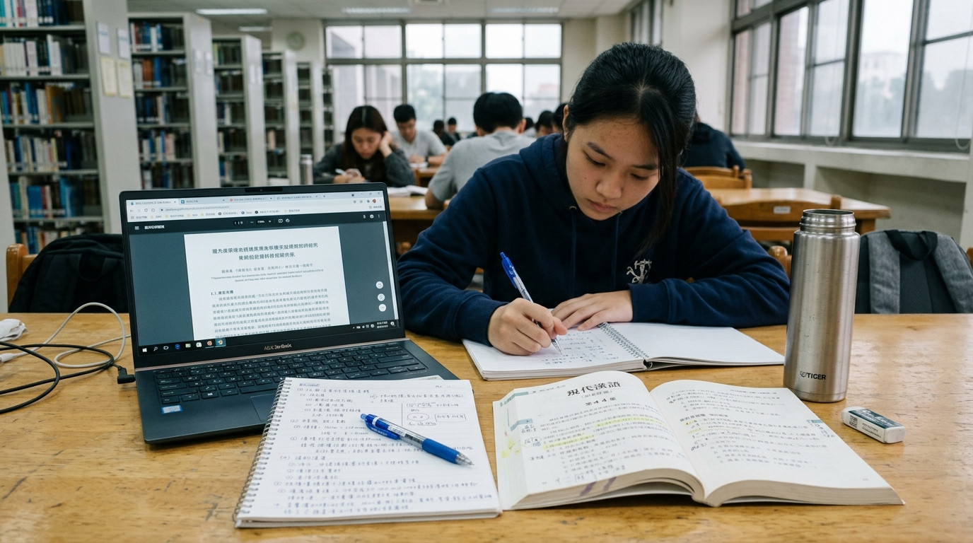 Góc học tập tại thư viện trường đại học với sách chữ Hán Phồn thể và laptop