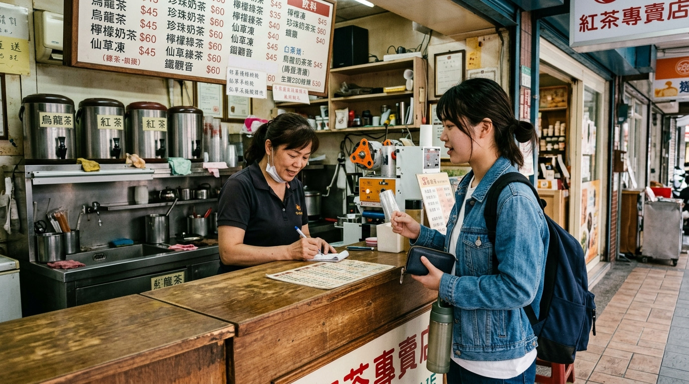 Sinh viên tự tin giao tiếp tiếng Trung tại quầy tiệm trà sữa truyền thống ở Đài Loan
