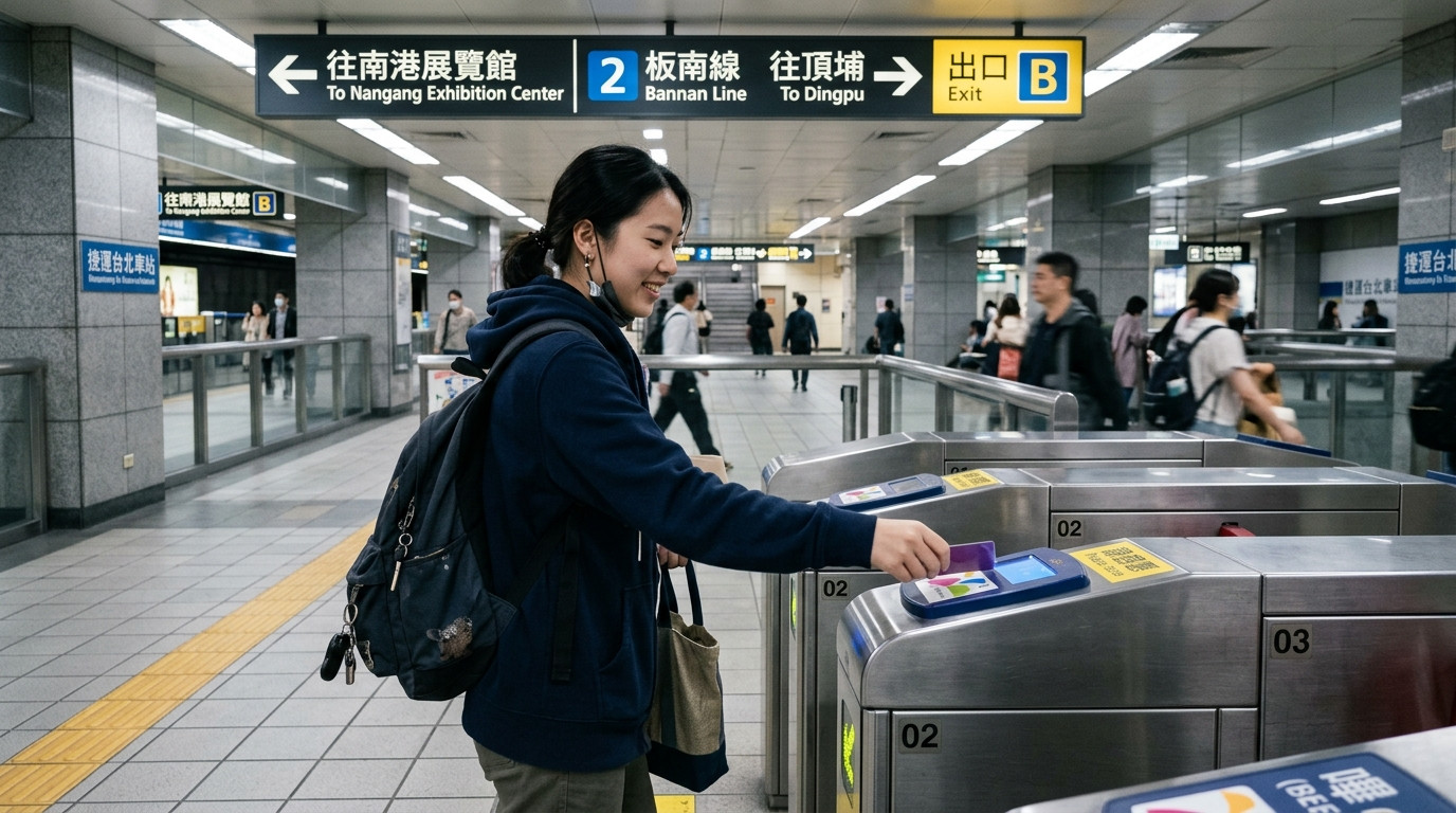 Sinh viên quẹt thẻ EasyCard tại cửa kiểm soát tự động ga tàu điện ngầm MRT Đài Bắc