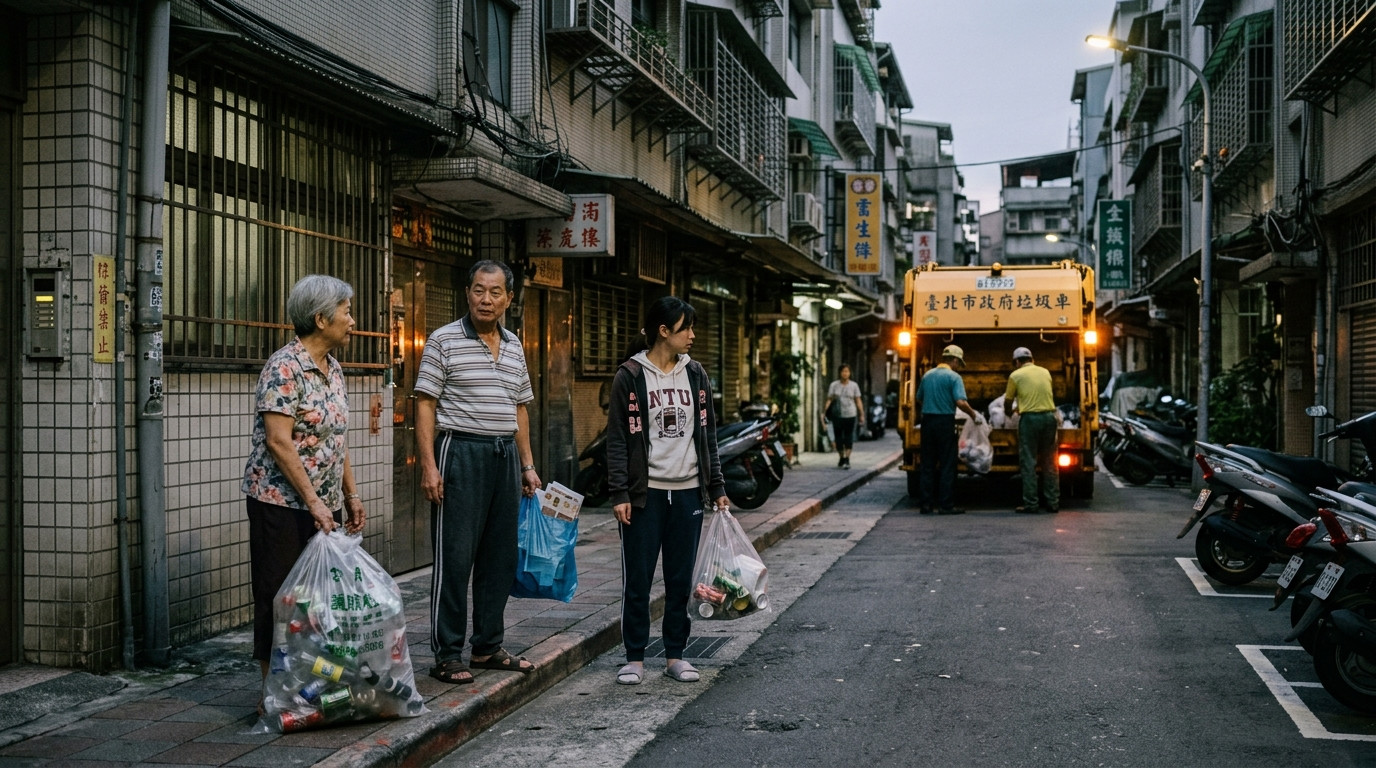 Người dân và sinh viên phân loại rác đứng chờ xe rác thu gom trên con ngõ khu dân cư ở Đài Bắc